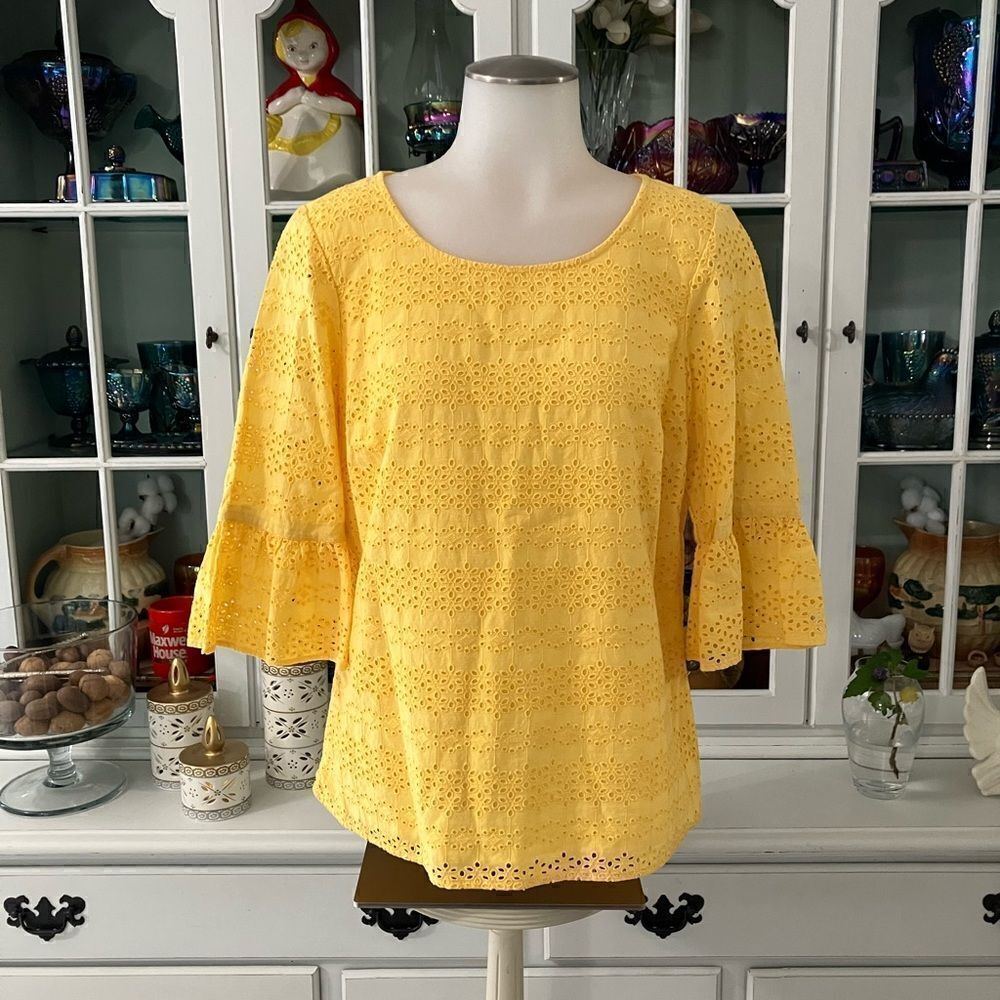 Yellow Eyelet Flounce Sleeve Top Sm Petite Talbota